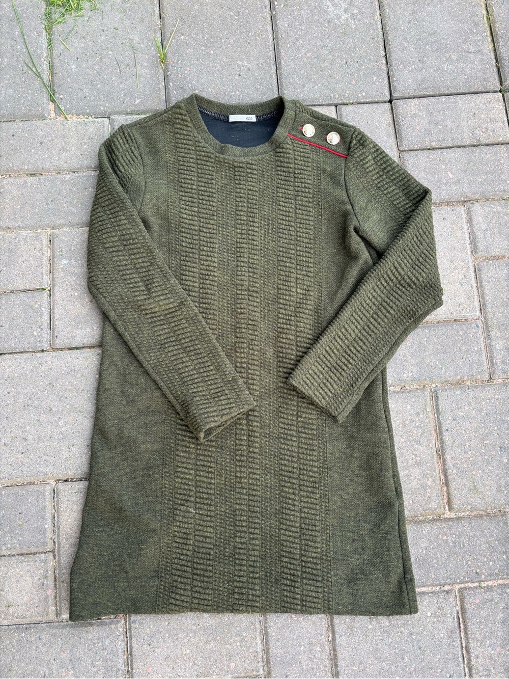 Zara Olive Green Crewneck Sweater Dress with Shoulder Buttons